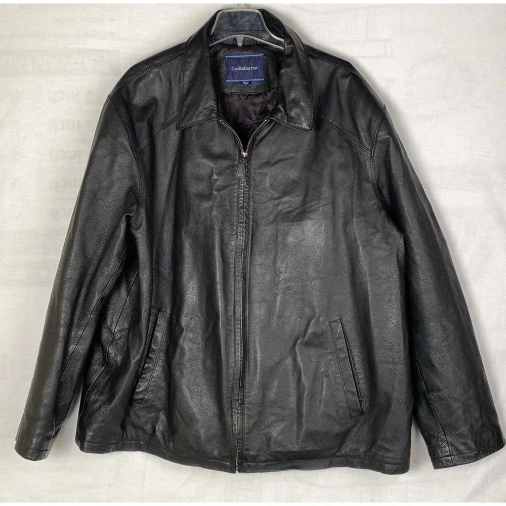 Men's XXL Croft & Barrow‎ Black Leather Jacket Full Zip Y2K Quilt Lined - Picture 2 of 11